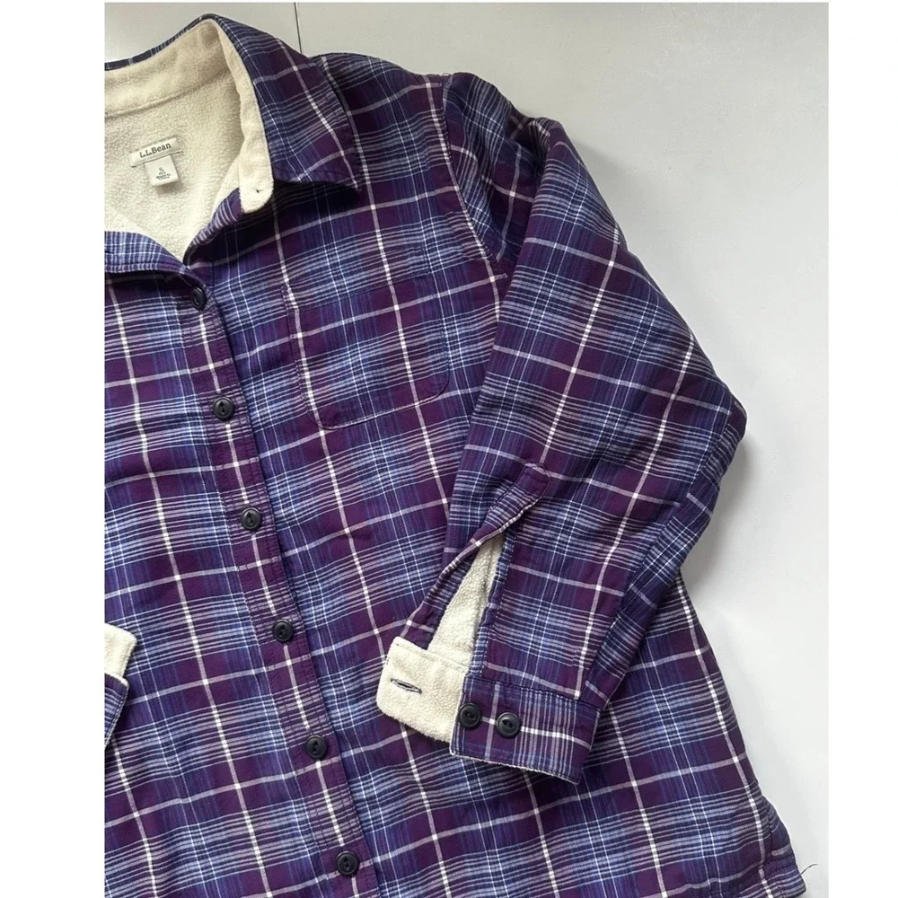 LL Bean Fleece Lined Flannel Shirt Jacket Purple Plaid Women Small Petite 285016